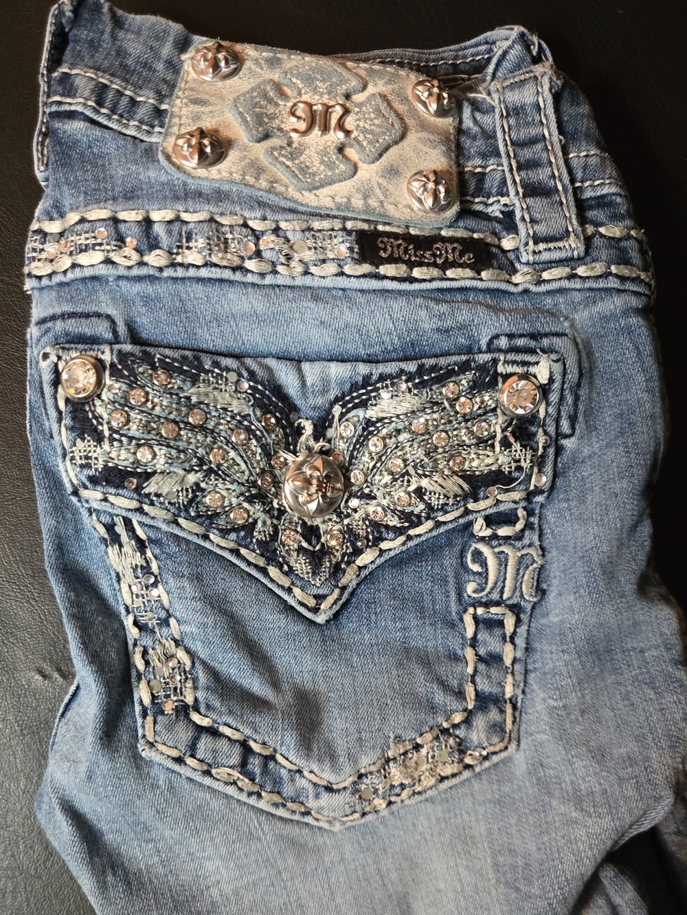 Miss Me Light Blue Skinny Jeans with Embellished Wing Back Pocket